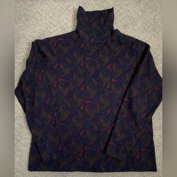 Navy blue turtleneck with red and green Paisley-like design - Picture 2 of 5